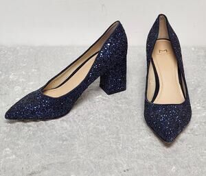 MARK FISHER LTD Zala Dark Blue Glitter Block Heel Pump-Size 7M